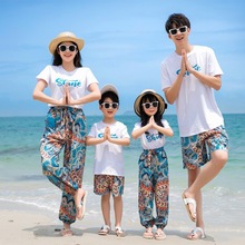 2024新款亲子装夏装一家三口四口母女装全家旅游度假拍照沙滩套装