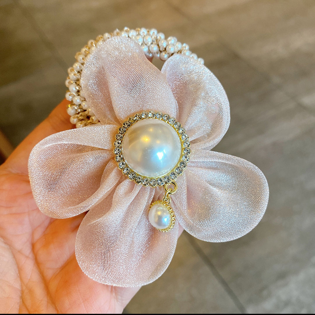 Tiktok Hot Sale South Korea Dongdaemun Net Yarn Flowers Hair Rope Sweet Summer Delicate Pearl Flowers Hair Band for Bun Haircut