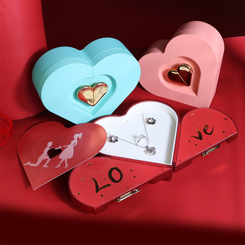 Factory New Qixi Confession Valentine's Day Double Open Love Jewelry Gift Box Ring Earrings Necklace Packaging Box Wholesale