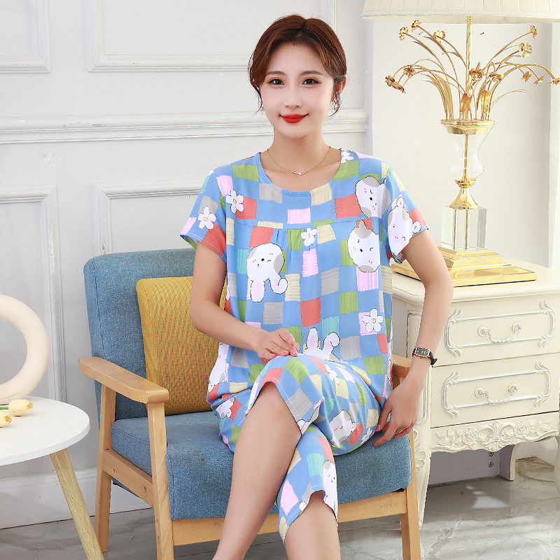 Summer Thin Bourette Suit Pajamas Women's Short-Sleeved Cropped Pants Casual Loose Middle-Aged Mom Outer Wear Pajamas