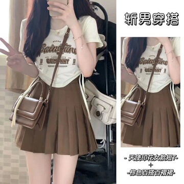 百褶裙套装女夏季新款时尚休闲短款上衣印花t恤 仙女百褶裙两件套