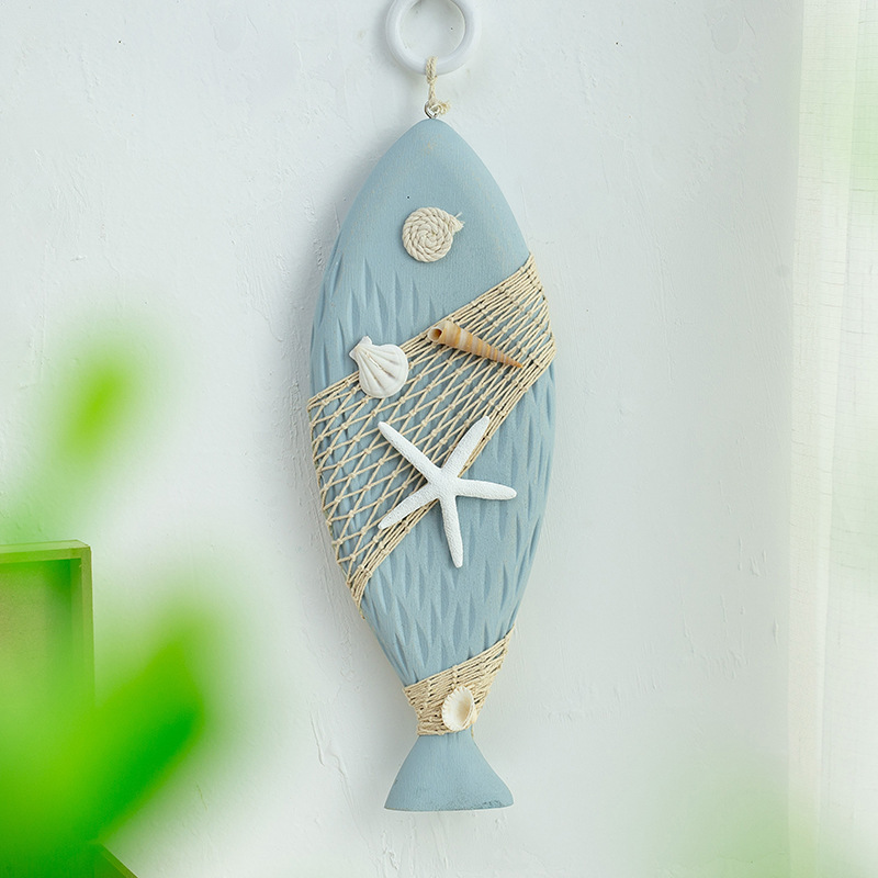 地中海风格木质蓝白鱼串挂件海洋风家居装饰品蓝白小鱼墙壁饰挂饰