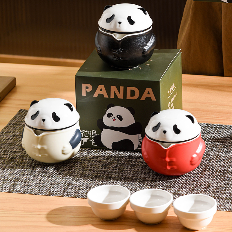 陶瓷功夫熊猫茶具套装创意家用一壶三杯便捷式旅行茶具送礼批发