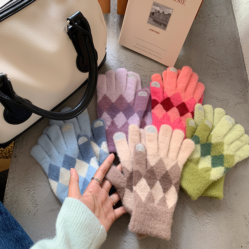 Wool Keep Warm Gloves Women's Autumn and Winter Touch Screen Riding Cute Winter Cycling Student Five Finger Velvet Ins Knitted