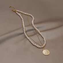 淡水珍珠圆牌钱币叠戴项链女设计锁骨链巴洛克异形淡水珍珠颈链