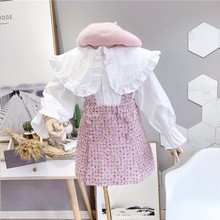 韩版新品女童套装秋款女宝宝大翻领长袖衬衫小香风背带裙两件批发