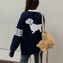 TB四杠条纹后背狗撞色羊毛针织开衫秋冬慵懒风中长款大毛衣外套