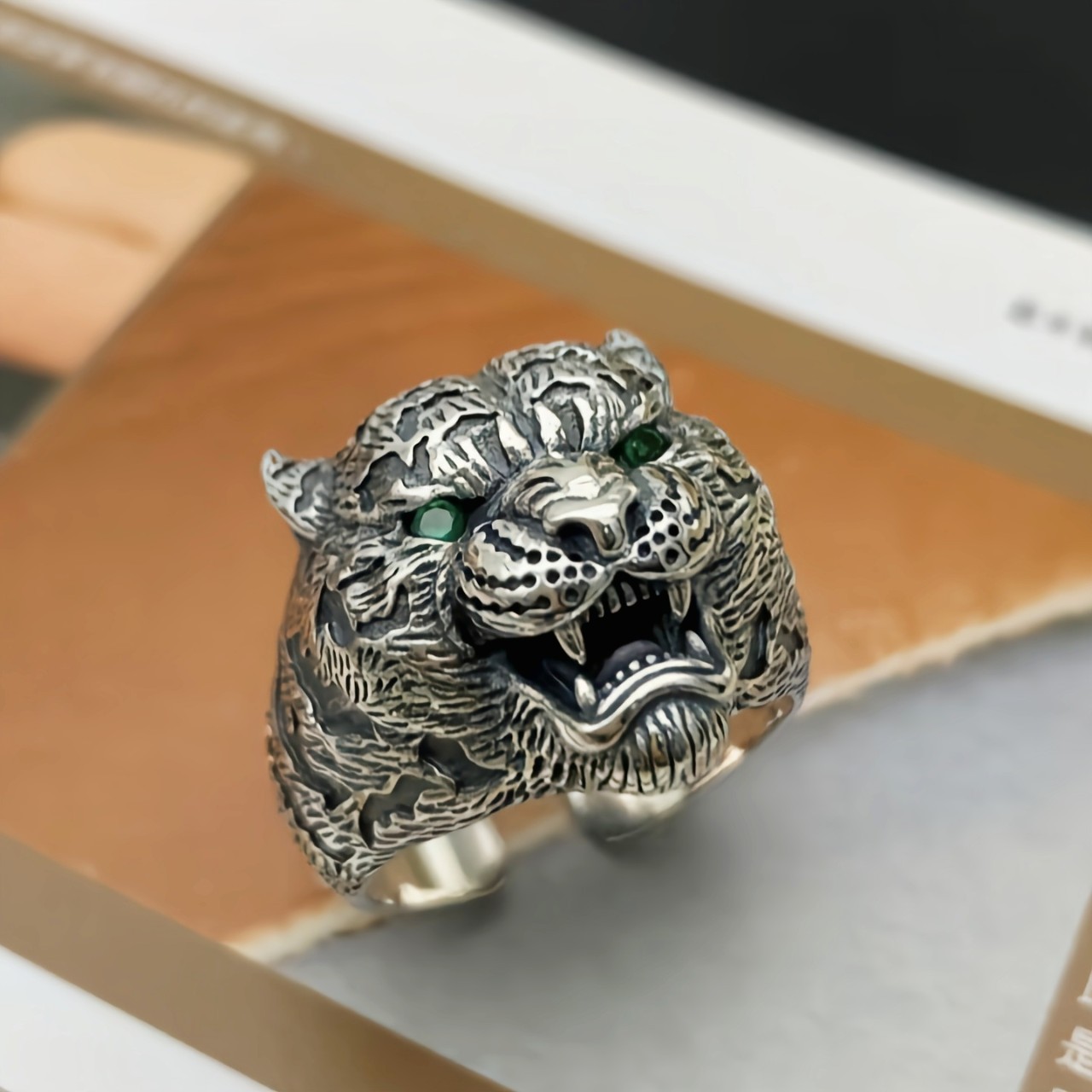s925纯银霸气个性虎头男女士戒指国潮原创设计做旧复古时尚食指戒