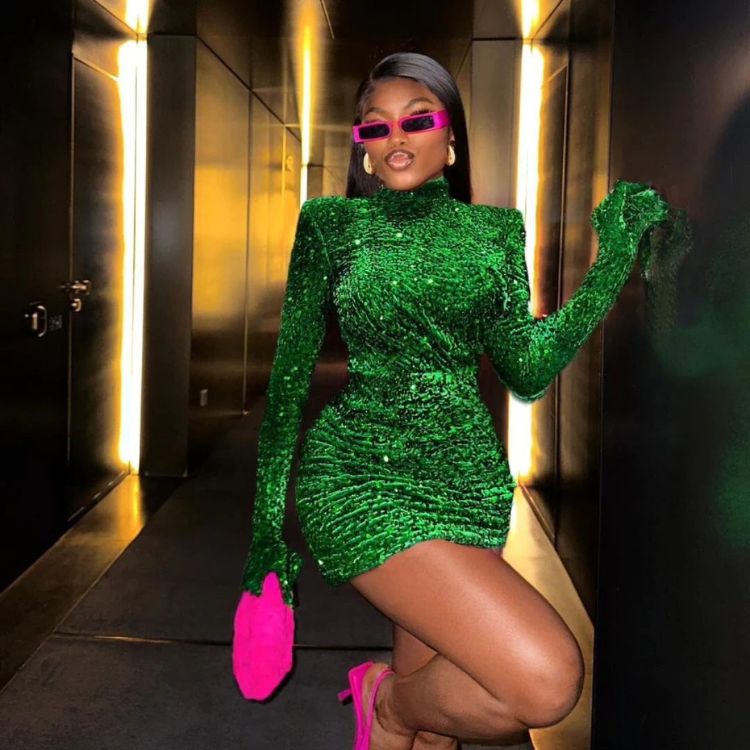欧美跨境热款绿色亮片丝绒连袖套小高领连衣裙时尚party演出礼服