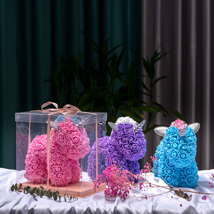 永生花独角兽泡沫摆件情人节生日送女友浪漫pe玫瑰公仔儿童节礼物