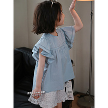 儿童韩系温柔套装女童宝宝蓝色短袖衬衫上衣碎花休闲热裤子两件套
