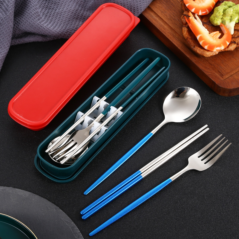 Simple Stainless Steel Tableware Spoon Chopsticks Portable Tableware Three-Piece Set Gift Portugal Student Tableware Set