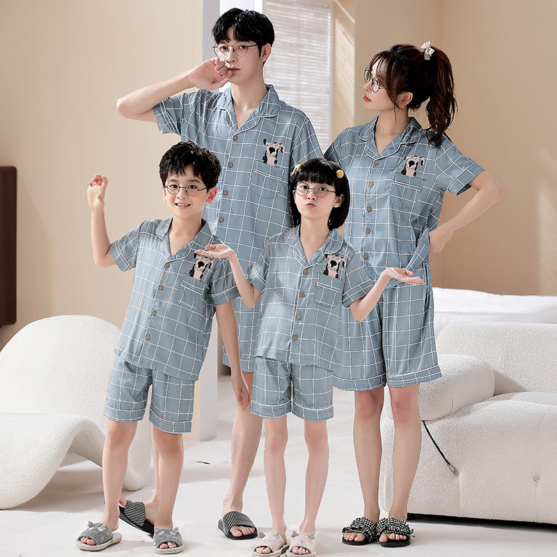 Parent-Child Pajamas a Family of Three Summer Children's Short-Sleeved Cardigan Ice Silk Mother and Daughter Children's Suit Thin Boys' Home Wear