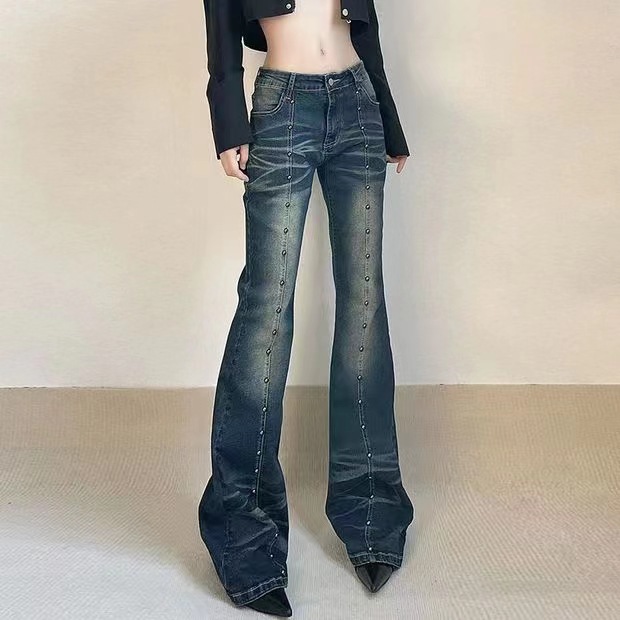 European and American-Style Special Rivet Skinny Jeans Women's Mop Pants Loose Slimming Casual Pants for Hot Girls