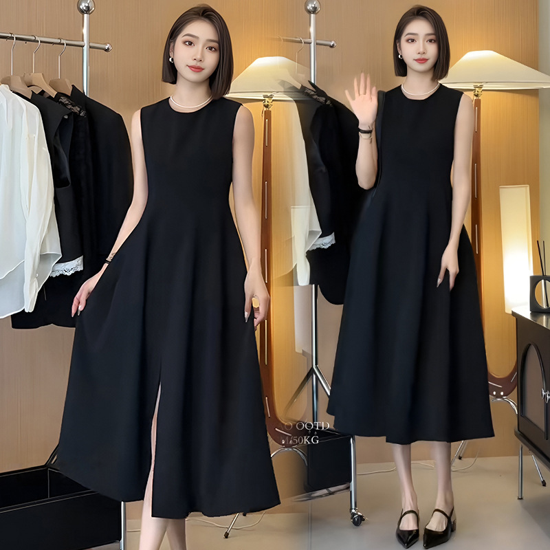 黑色无袖背心连衣裙女2024夏季新款气质显瘦内搭外穿过膝a字裙子