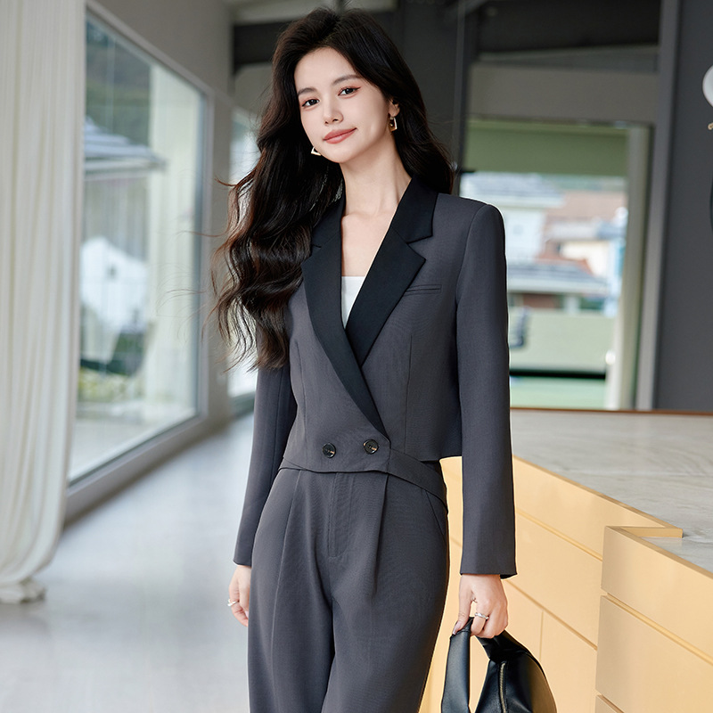短款小西服外套职业女装长袖西装阔腿裤套装春秋新款高级感工作服