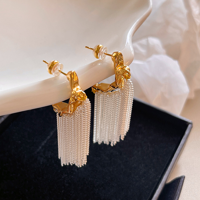 real gold electroplated geometric high-grade earrings s925 pure white silver needle long tassel sparkling earrings for women