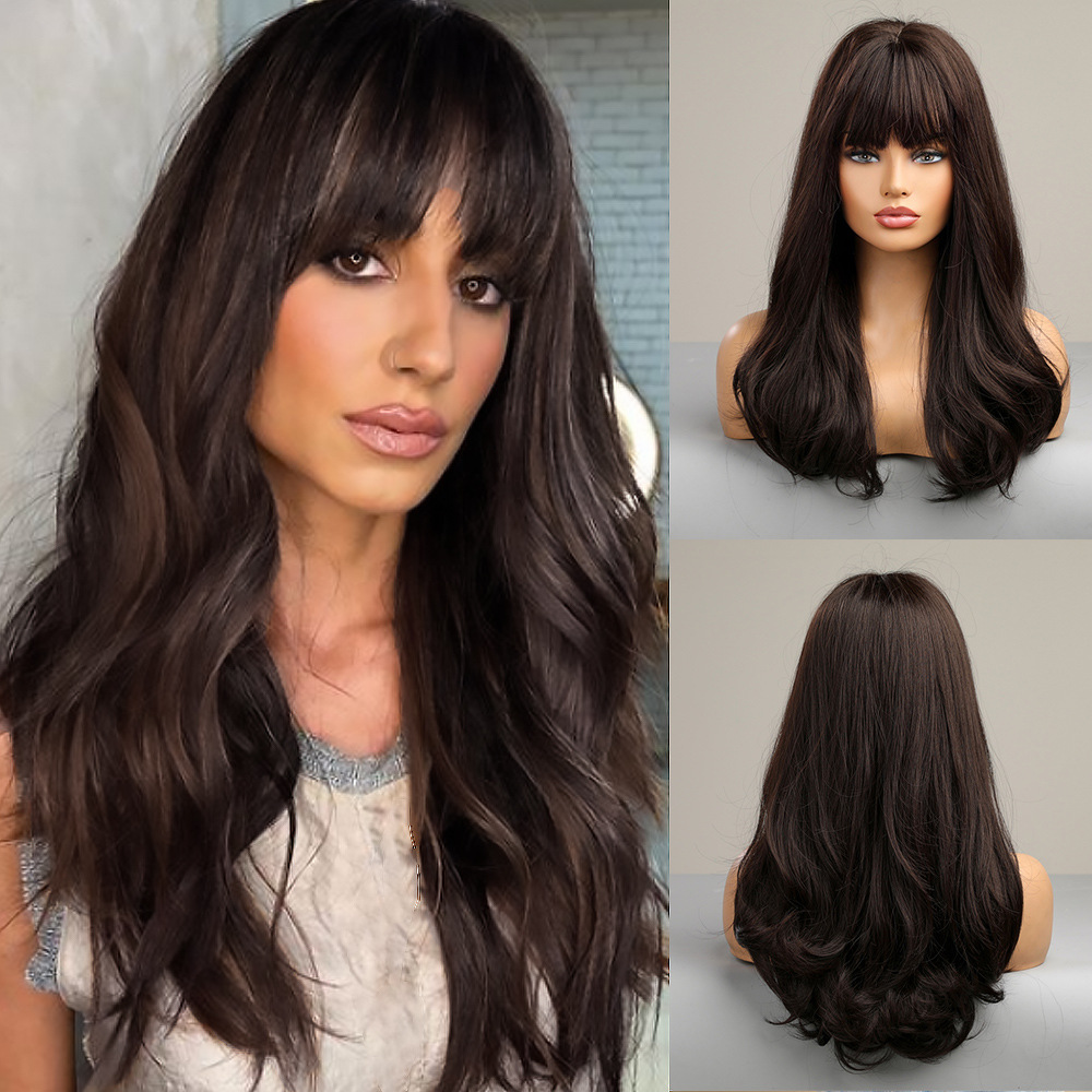 甜美风厂家批发欧美假发亚马逊 齐刘海中长款黑色化纤 假发长卷发