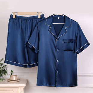 男士睡衣夏19姆米桑蚕丝短袖短裤宽松家居服套装真丝睡衣