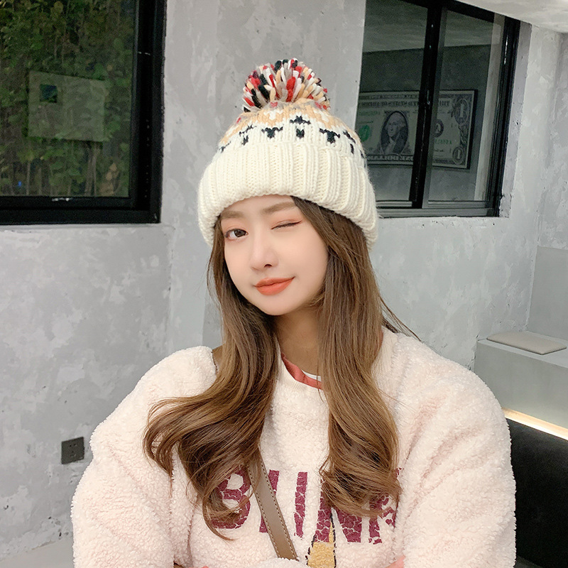 Hat Women's Autumn and Winter Warm Ear Protection Woolen Cap Korean Style All-Match Fashion Beanie Hat Younger Cute Fur Ball Knitted Hat Fashion