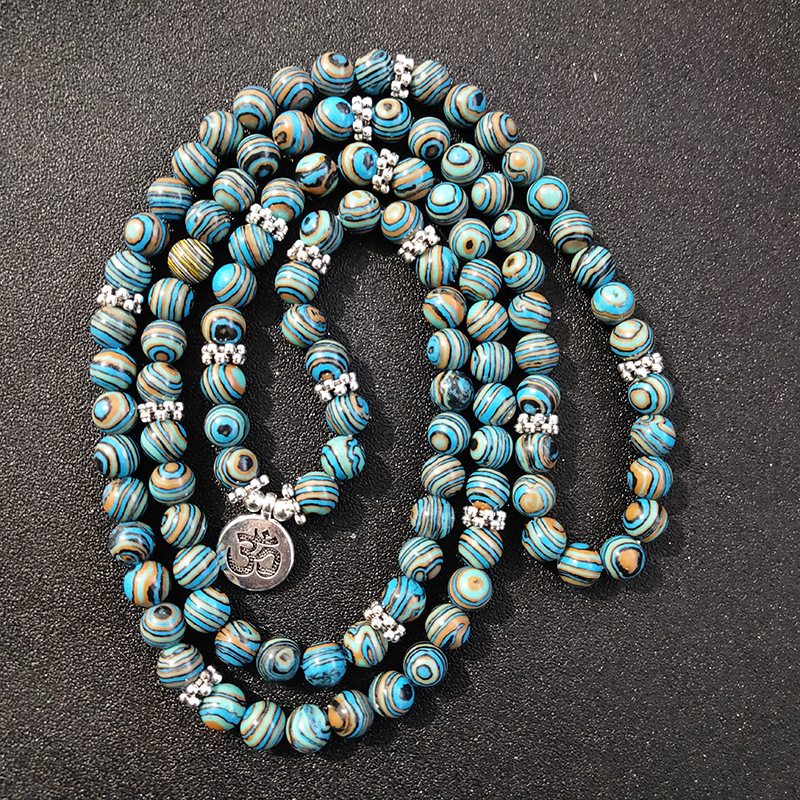 蓝孔雀石手链108颗8mm瑜伽手串彩色念珠莲花om亚马逊跨境饰品批发