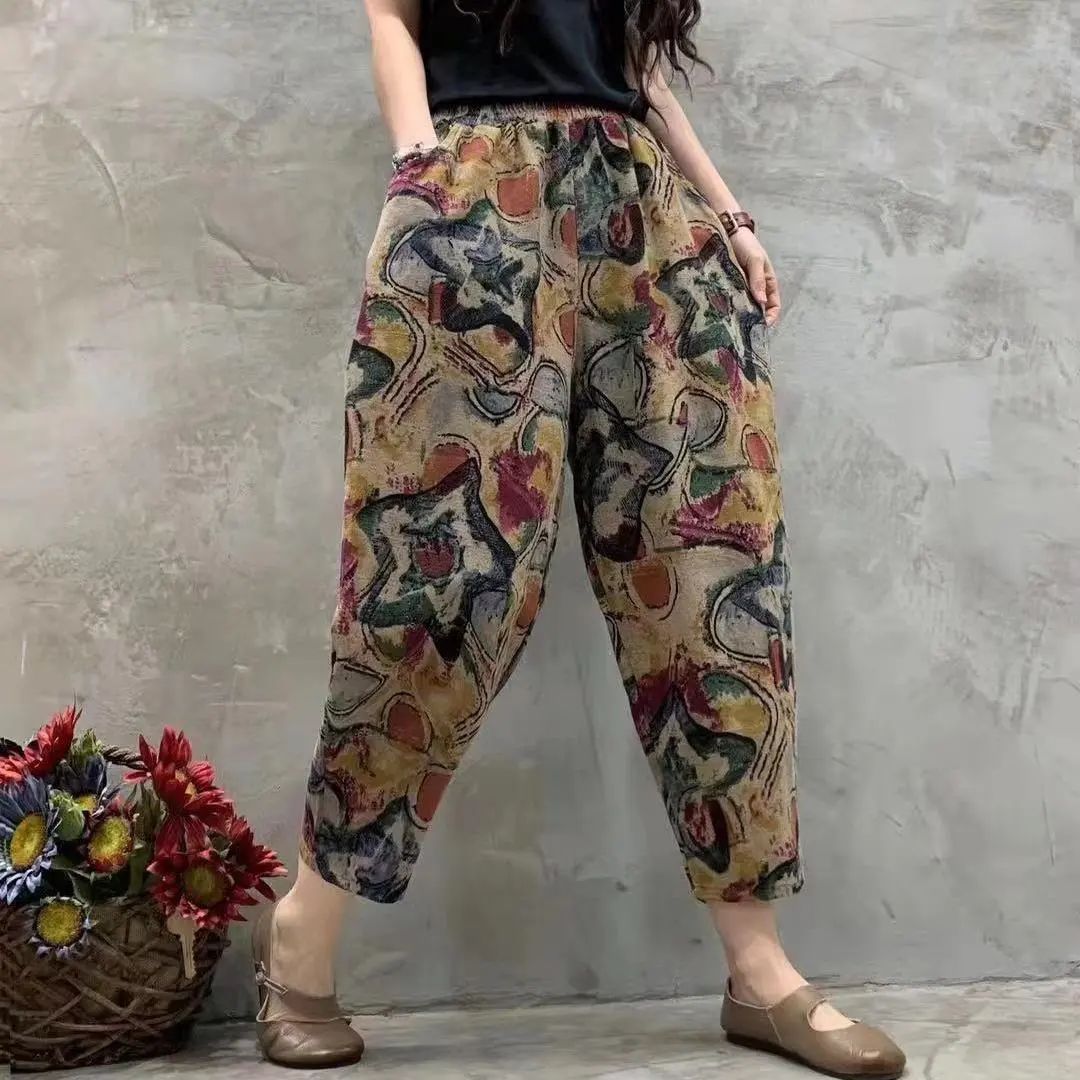 2023 New Cotton and Linen Trousers Women's Retro Harlan Cropped Pants Loose Slimming Floral Print Casual Jumpsuit plus Size Harem Pants