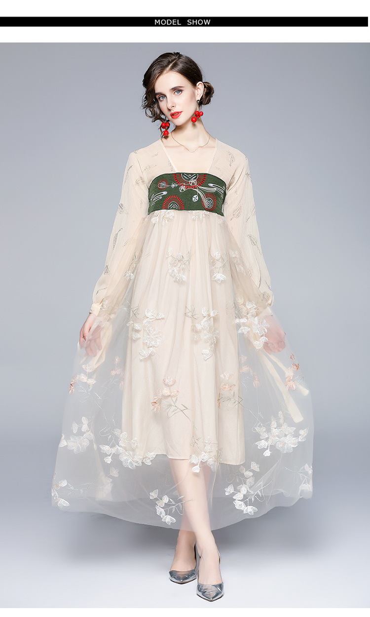 女装汉服一件代发 复古方领绑带灯笼袖纱网长款连衣裙 秋季上新