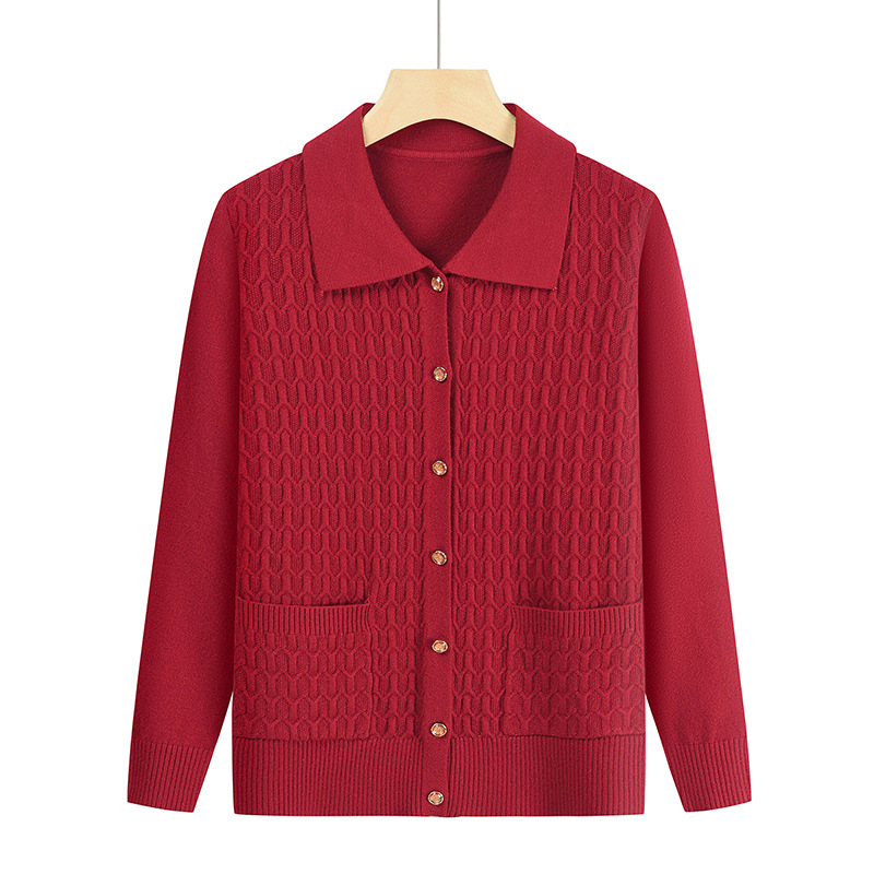 妈妈装秋冬季针织开衫毛衣外套中老年人女款翻领宽松休闲奶奶上衣