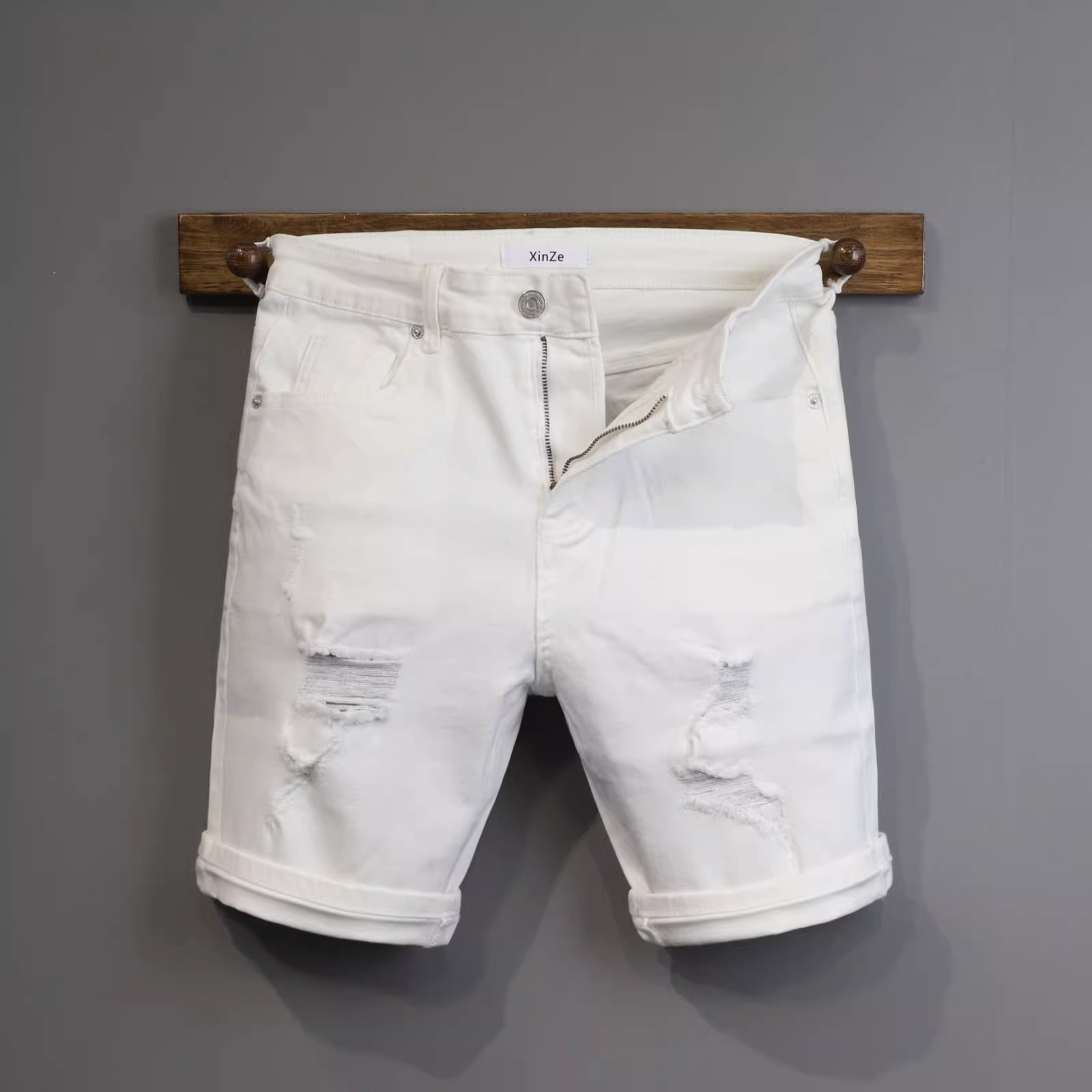 时尚白色牛仔短裤男生休闲2024夏季新款刮烂破洞修身弹力4分裤潮