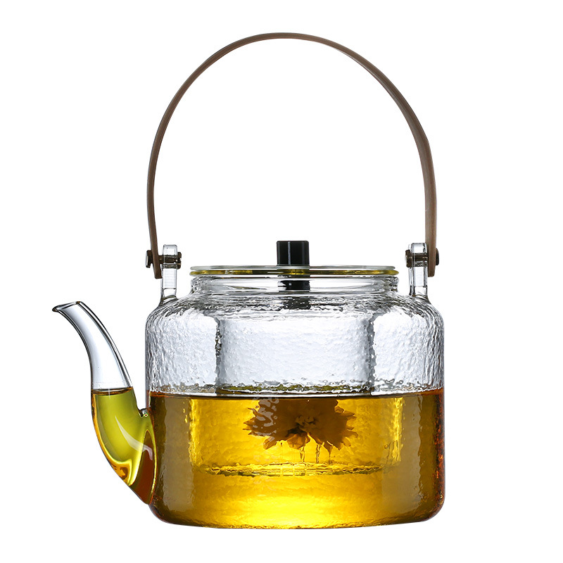 Factory Wholesale Flat Bamboo Handle Glass Loop-Handled Teapot Hammered Large Capacity Glass Teapot Cooking Double Liner Teapot