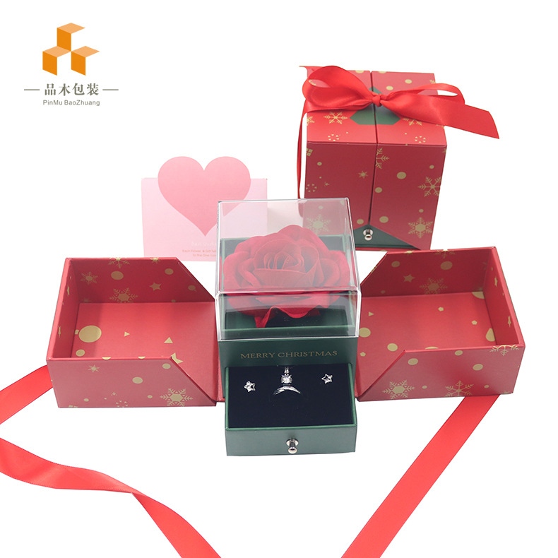 新款工厂直批圣诞礼盒项链耳钉戒指首饰盒永生花礼盒饰品包装盒