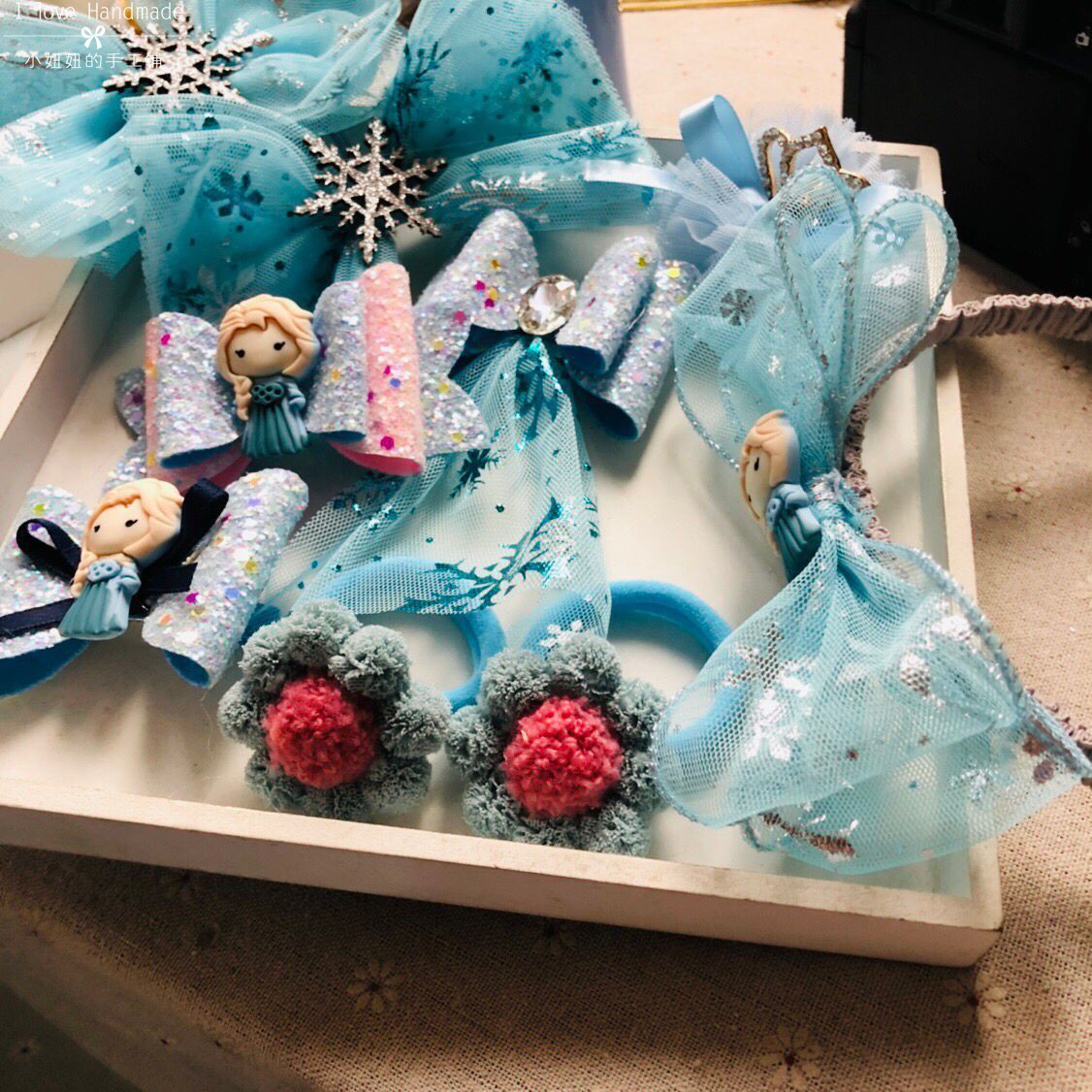 13cm蓝色雪花网纱冰雪公主手工制作儿童蝴蝶结发夹发饰diy材料包