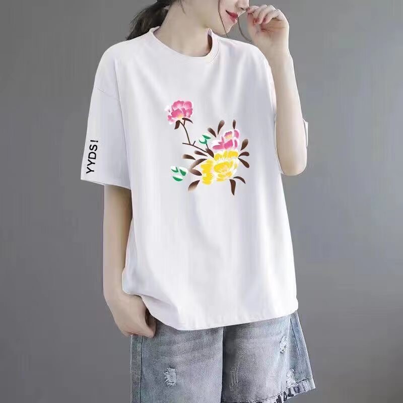 捡漏~尾单剪标专柜撤回外贸大码女装短袖中长款印花t恤女 图片_高清