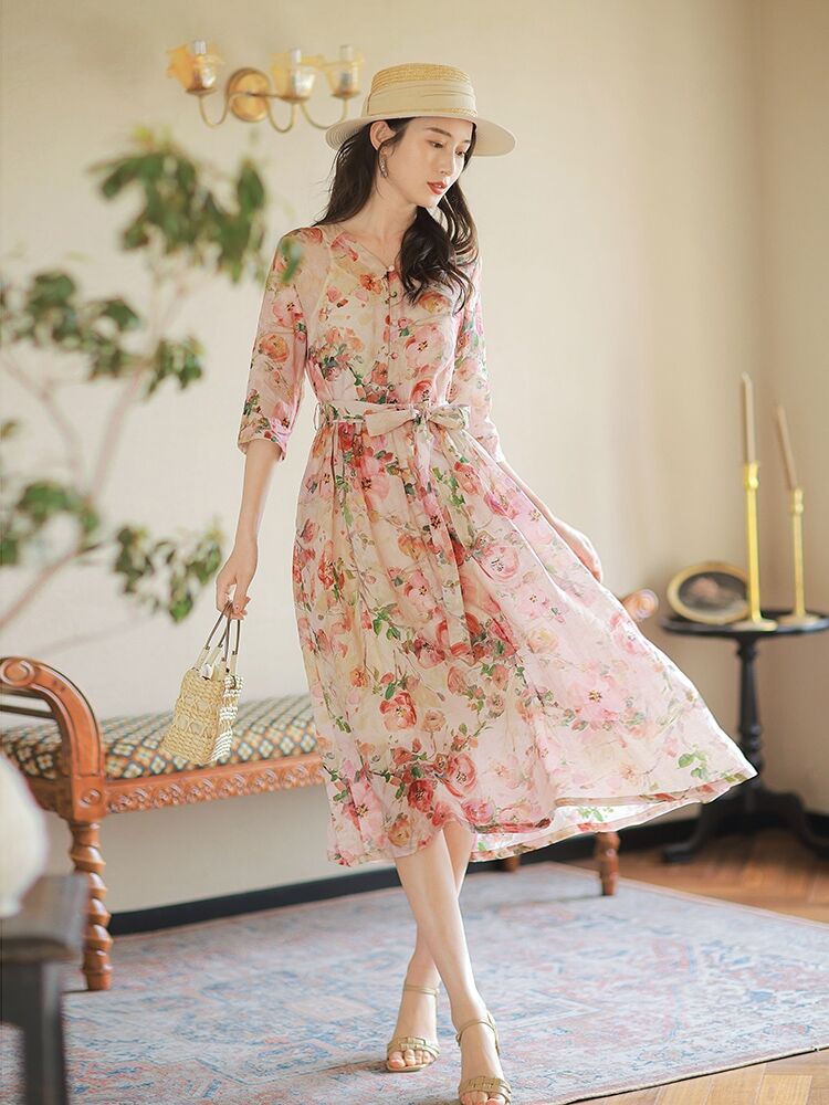 2022 New Ramie Dress Women's Summer Thin Temperament Half Sleeve Floral Cotton Linen Loose Long Dress Children