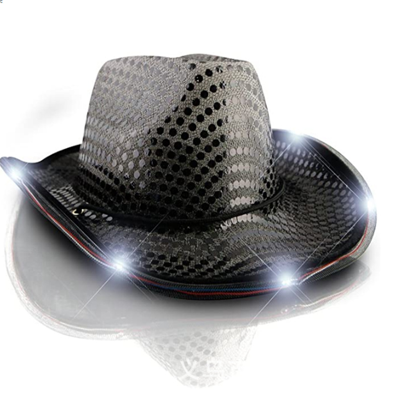 Halloween Party Silver Paillette with Lights Big Brim Eva Composite Shaping Cap Halloween with Lights Cowboy Hat