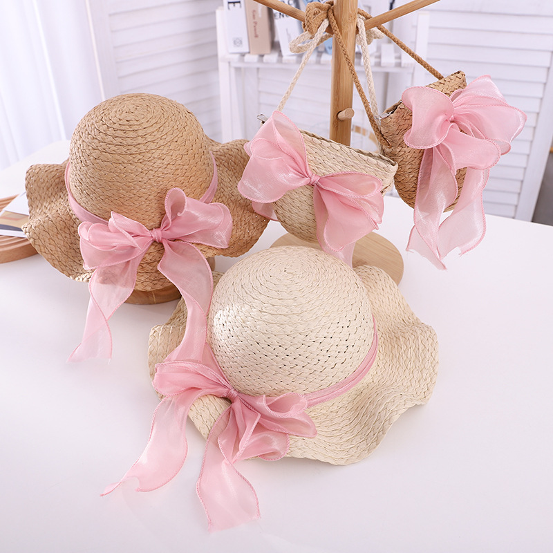 2024 New Straw Hat Satchel Combination Small Fresh Children Cute Hat Bag Summer Girls Travel Matching