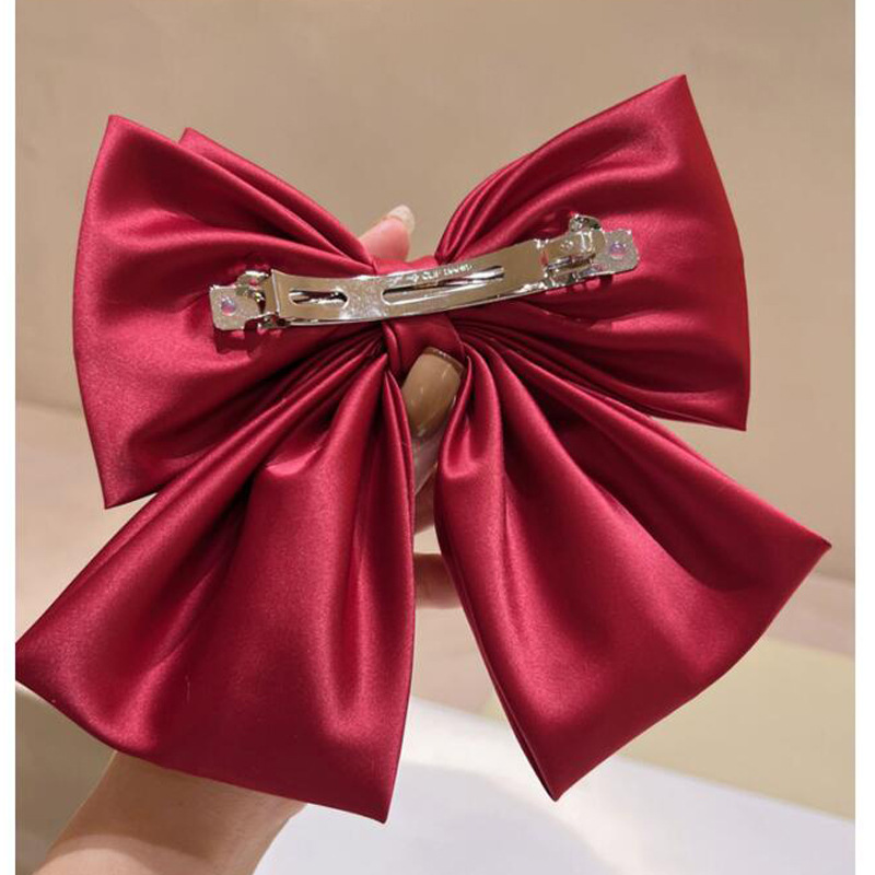 Satin Big Bow Headdress Spring Clip High-Grade Clip Back Head French Black Large Hair Clip Headdress for Women