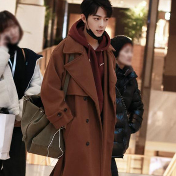asclo肖战同款砖红色大衣风衣韩风毛呢大衣男双面呢子外套宽松潮