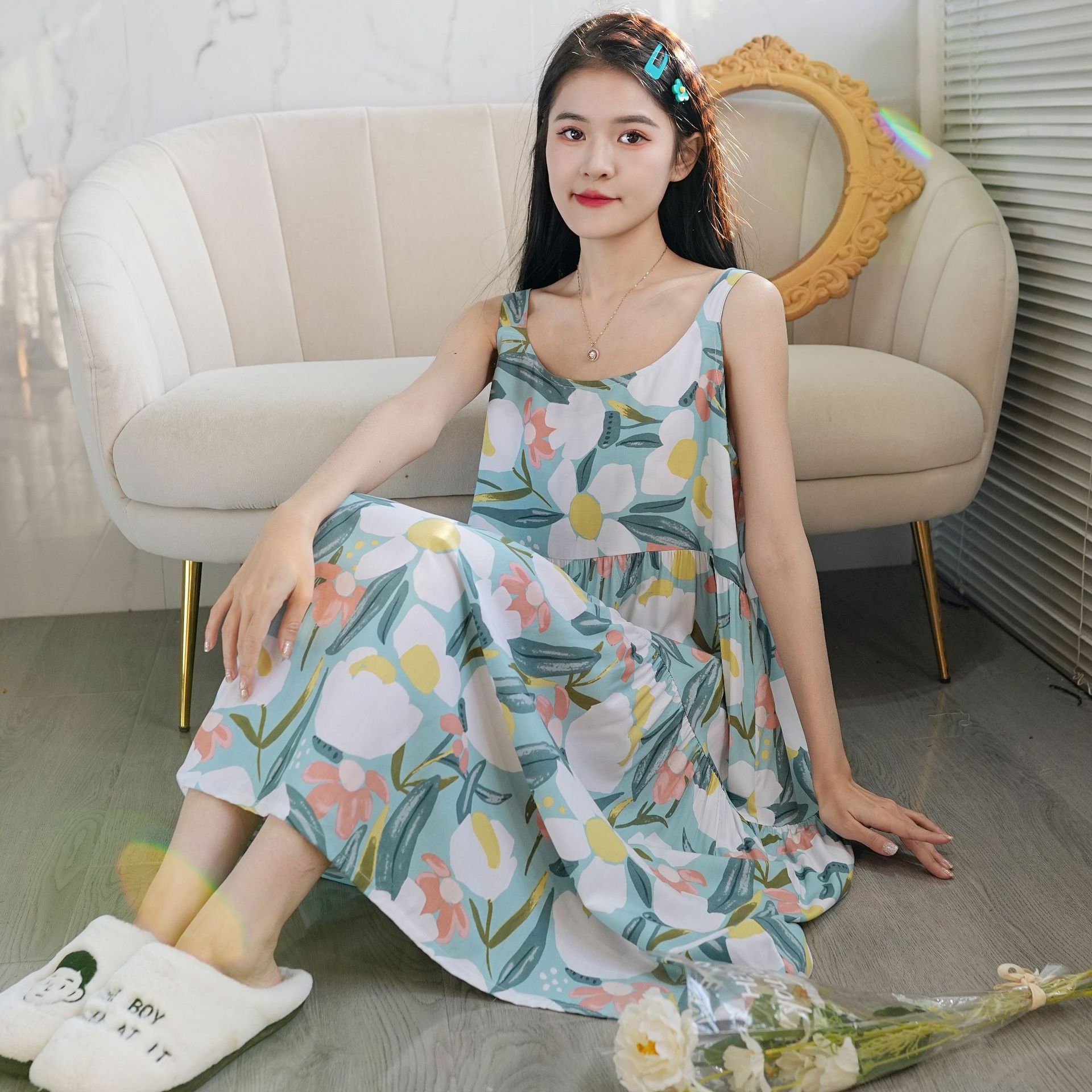 Summer New Artificial Cotton Nightdress Women's Sling Sweet Home Wear Fairy Style Cute Loose Printed Wide Shoulder Strap Nightdress