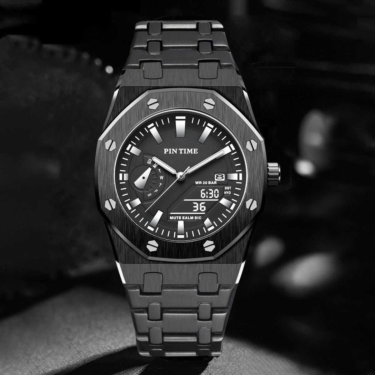 pintime/品时跨境抖音新款男士手表非机械防水带日历钢带石英手表
