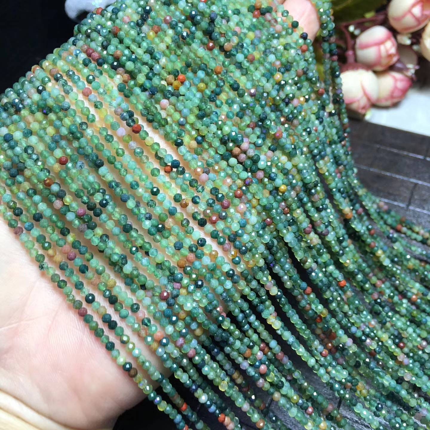 天然水晶 水藻玛瑙 2mm 3mm水草玛瑙切面刻面半成品散珠手链流苏a