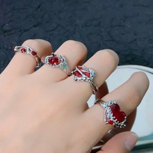 红色爱心锆石荆棘戒指女高级感小众设计百搭玫瑰法式指环配饰新品