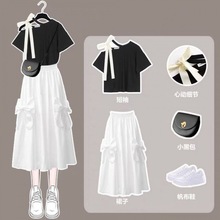 学院风套装裙女学生2021夏季韩版宽松短袖T+超仙白色半身裙两件