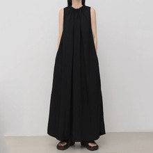 韩国chic2024夏季新款极简主义圆领褶皱设计无袖背心连衣裙女长裙