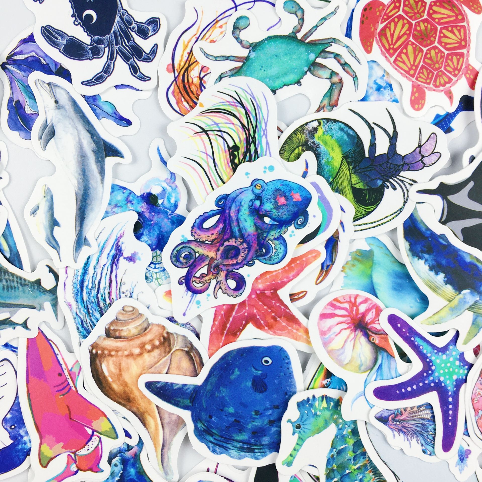 50张海洋生物贴纸哑膜卡通涂鸦可爱图案笔记行李箱头盔防水车贴