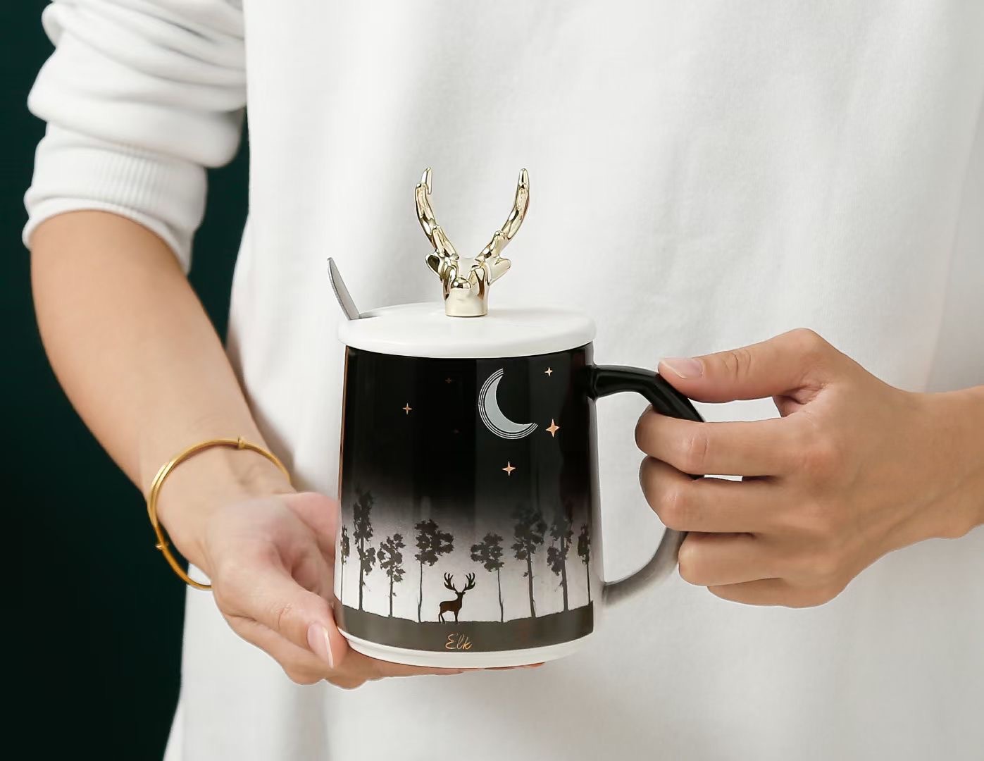 创意实用陶瓷水杯 镀金鹿头马克杯定印广告商务礼品 杯子百货批发