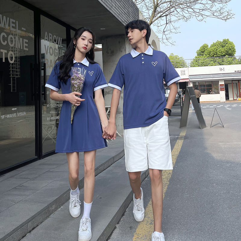 法式不一样的情侣装夏装一裙一衣男衣服女裙子小众夏季显瘦连衣裙