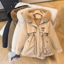 派克服女冬季新款韩版收腰显瘦连帽大毛领加绒棉服中长款夹克棉衣