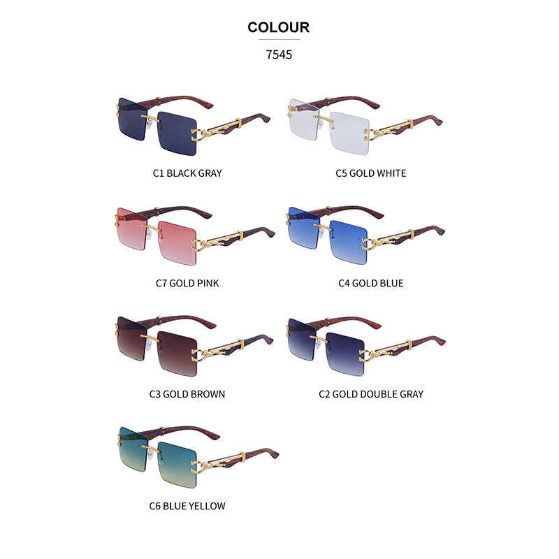 Retro Rimless Sunglasses Men's Personalized Leopard Wood Grain Glasses Leg Square Frame Sunglasses Women's Fashion Cross-Border Wholesale Shades