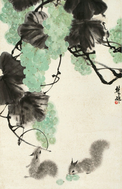 《松鼠葡萄》 方楚雄 画家 名人字画  40*62cm 包邮